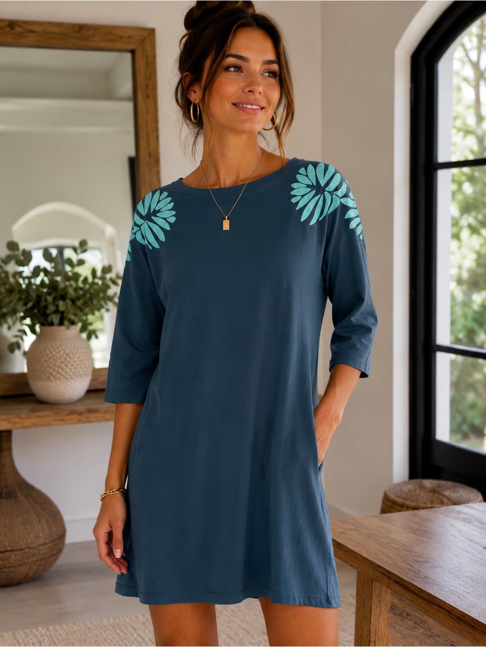 Synergy Relaxed Teal Floral-Shoulder organic cotton dress, midi length sz s, guc